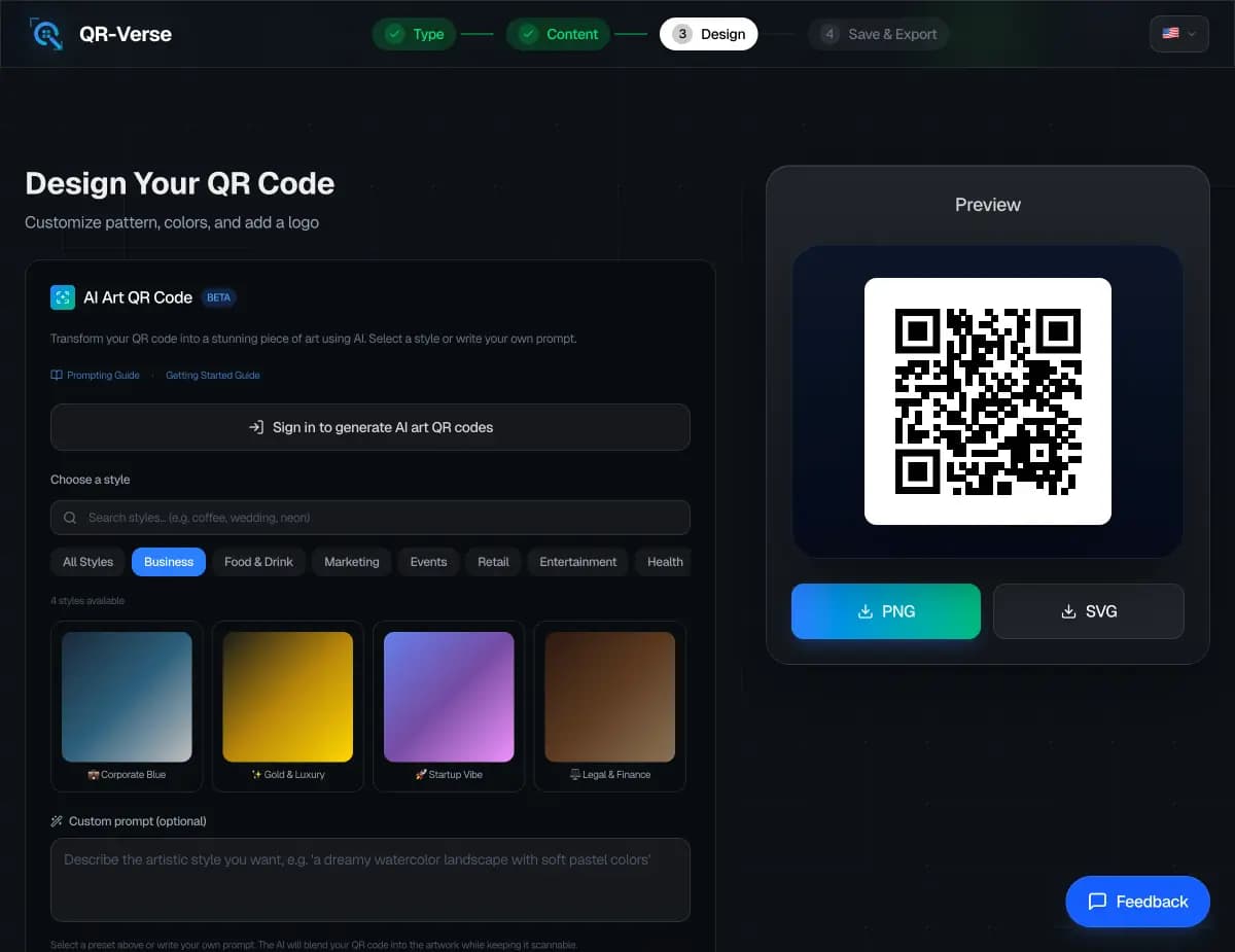 Interfaz del Generador de Arte IA de QR-Verse - el panel de Arte con IA en el paso de Personalización