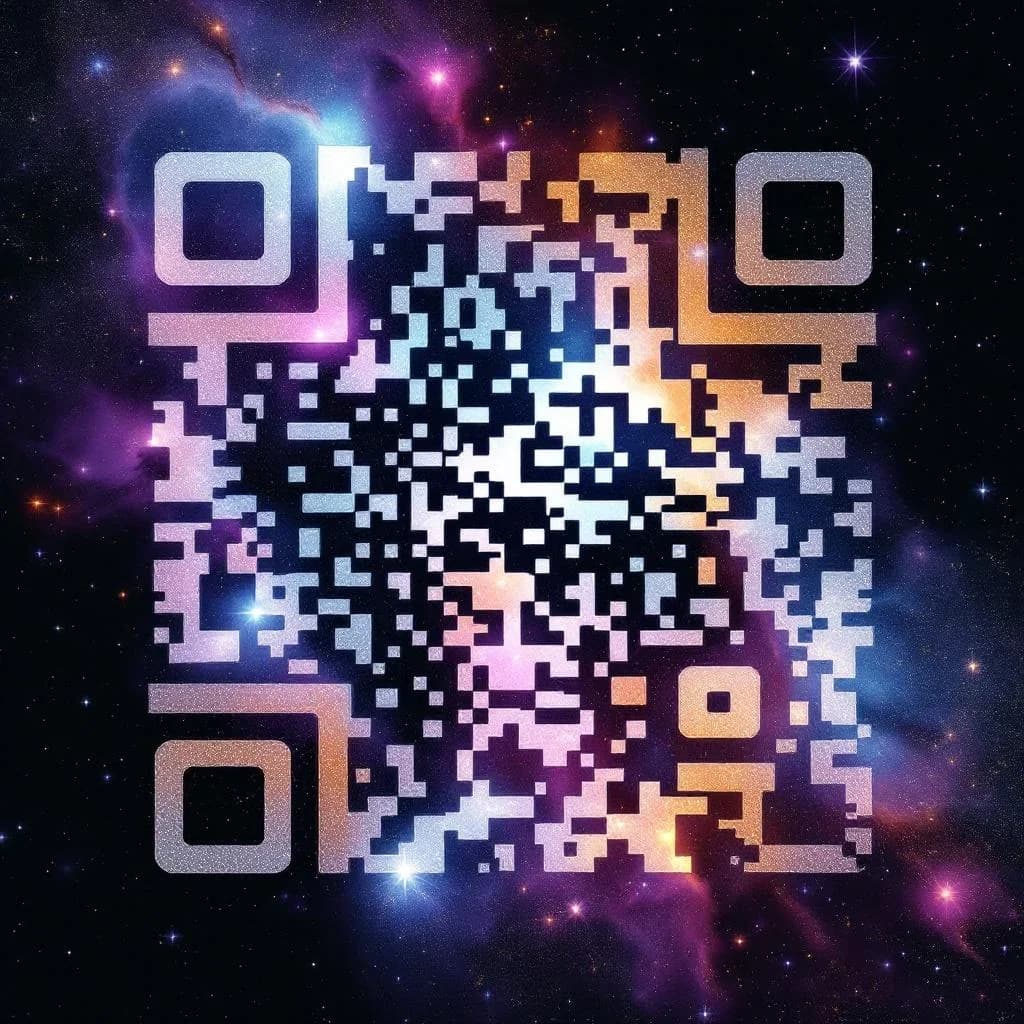 Exemplos de QR code com IA - nebulosa galáctica, raposa dourada e carpas koi mostrando a variedade de possibilidades da arte com IA