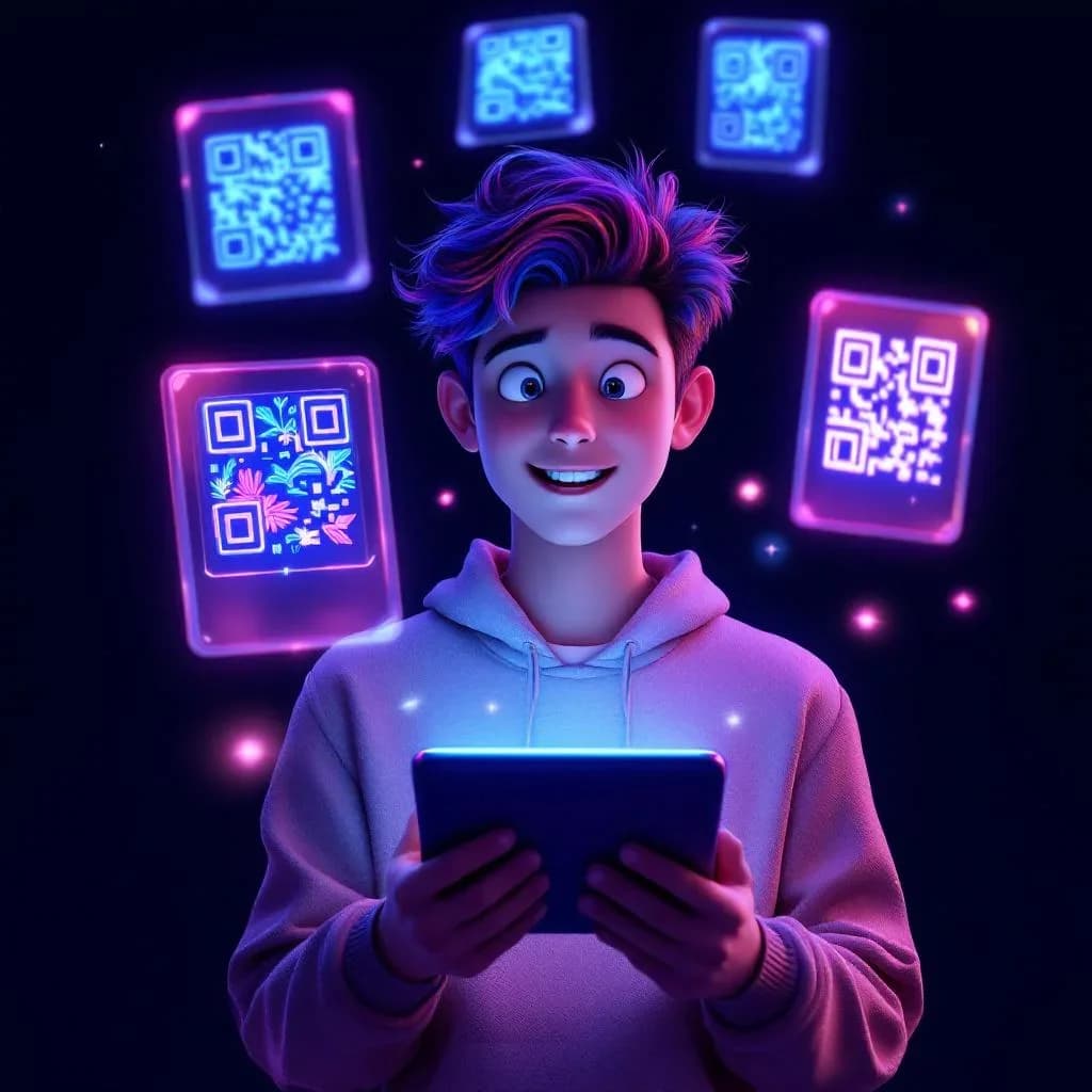 Exemplos de QR code artístico com IA - estilos cristal, galáxia e cidade neon gerados com o QR-Verse AI Art Generator