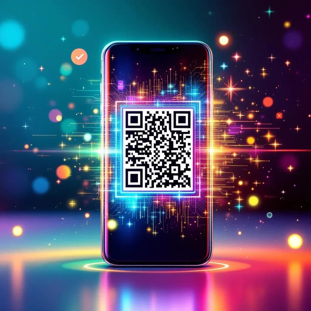 Smartphone potenziato dall'IA che scansiona e analizza un codice QR con effetti olografici colorati - verifica della qualità in azione