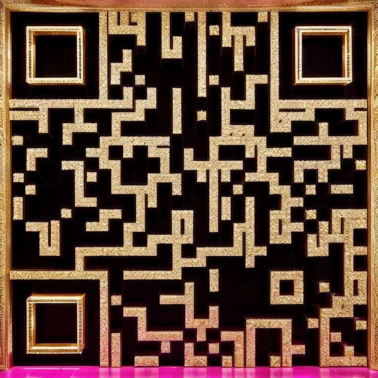 KI-QR-Code-Kunst für Modemarken - luxuriöser Editorial-Stil mit rosa und goldenen Akzenten, scannbar
