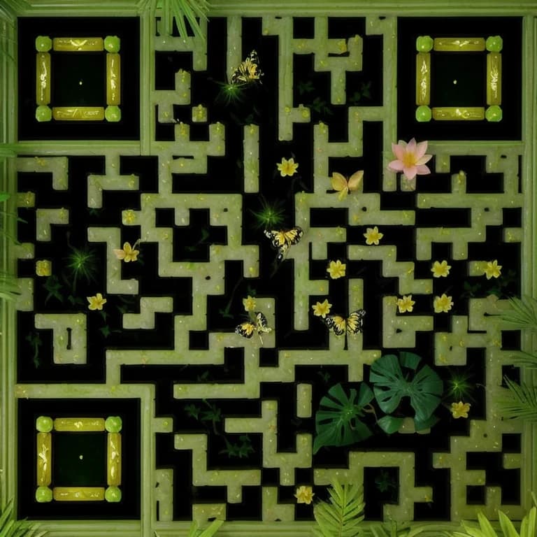 KI-QR-Code-Kunst für Wellness-Marken - tropische Gartenszene mit lebendigen Farben, scannbar