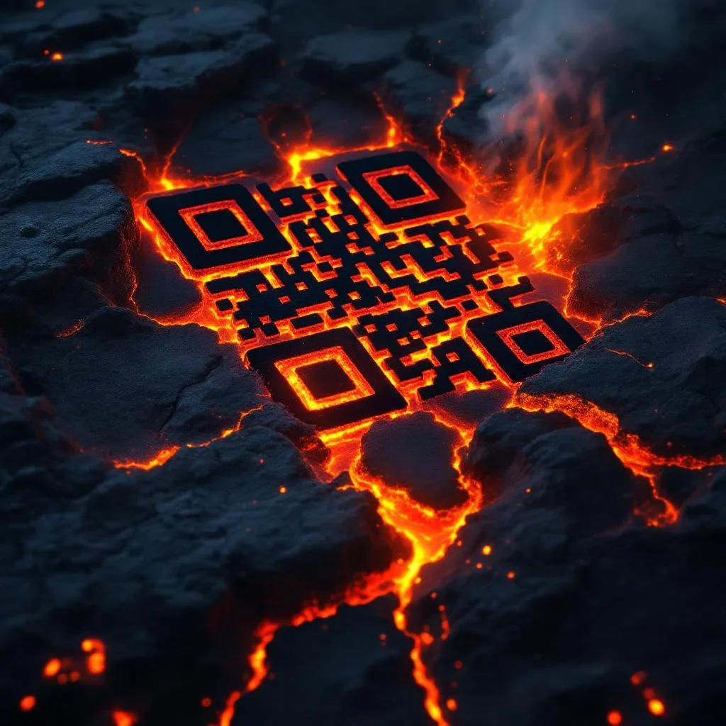 AI QR code variation — volcanic lava theme with fiery reds