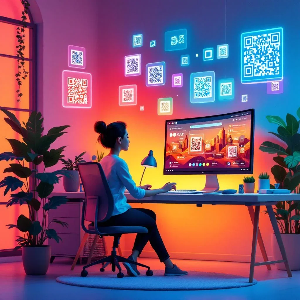 Profesional creativo trabajando con el asistente de IA para diseñar arte QR hermoso — diseños de códigos QR holográficos flotando sobre un espacio de trabajo moderno
