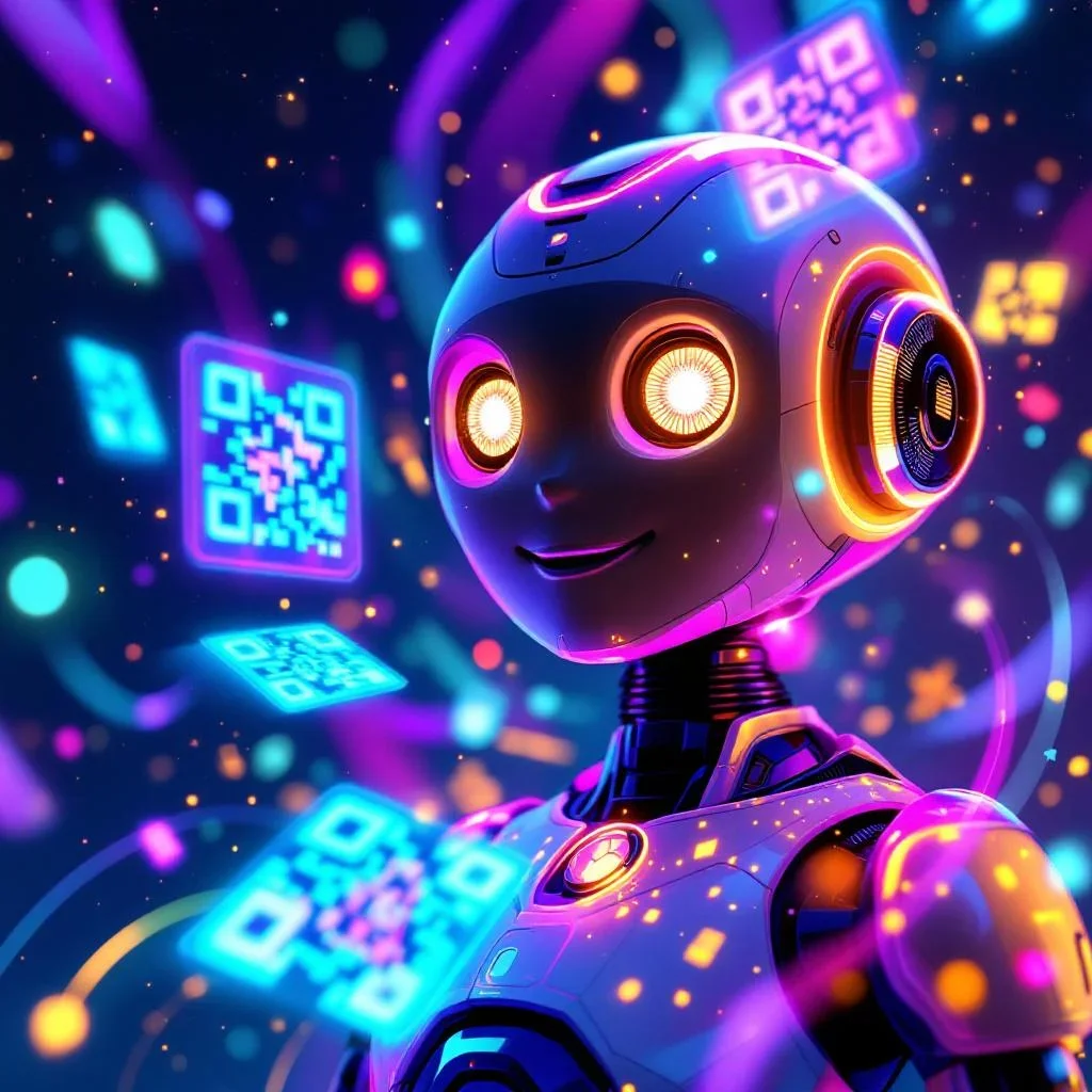 Asistente de IA QR-Verse — un robot de IA amigable rodeado de códigos QR holográficos coloridos en un entorno cósmico vibrante