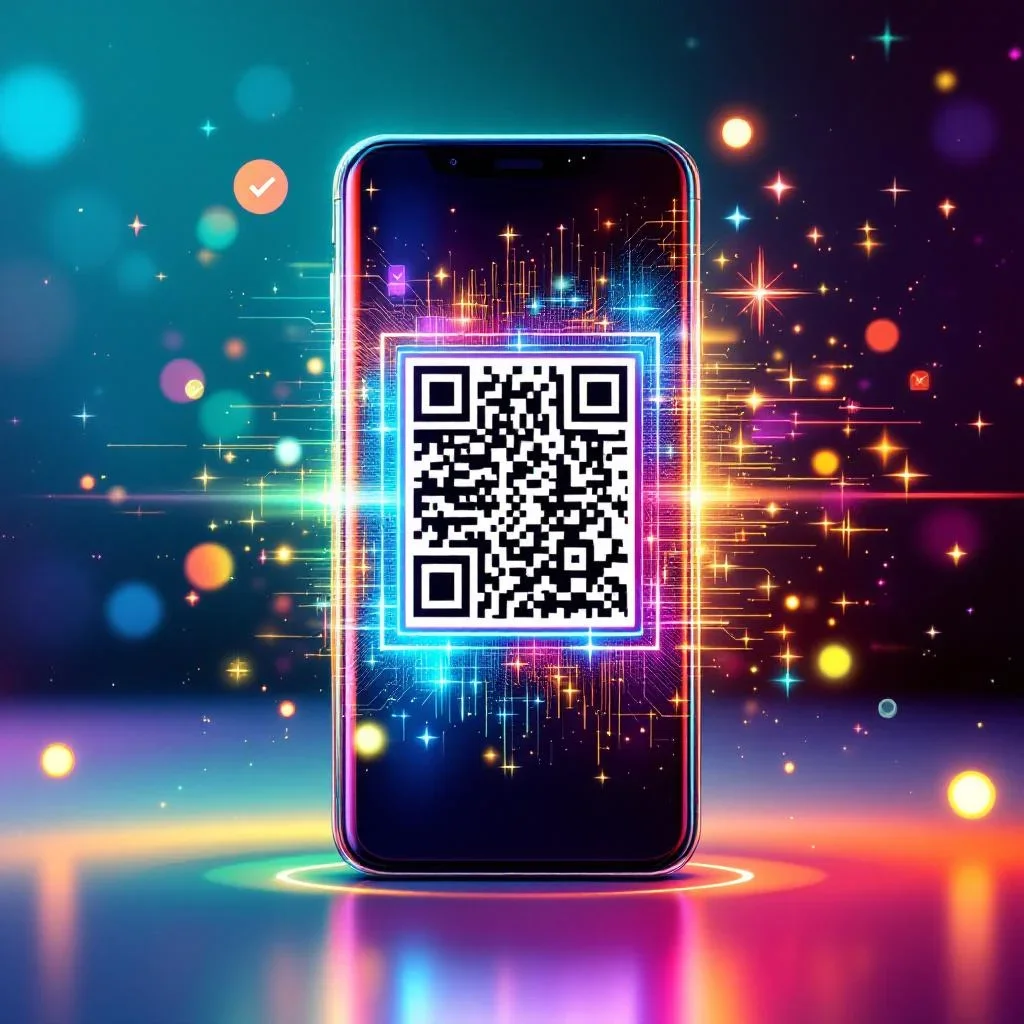 Smartphone con IA escaneando y analizando un código QR con efectos holográficos coloridos — verificación de calidad en acción
