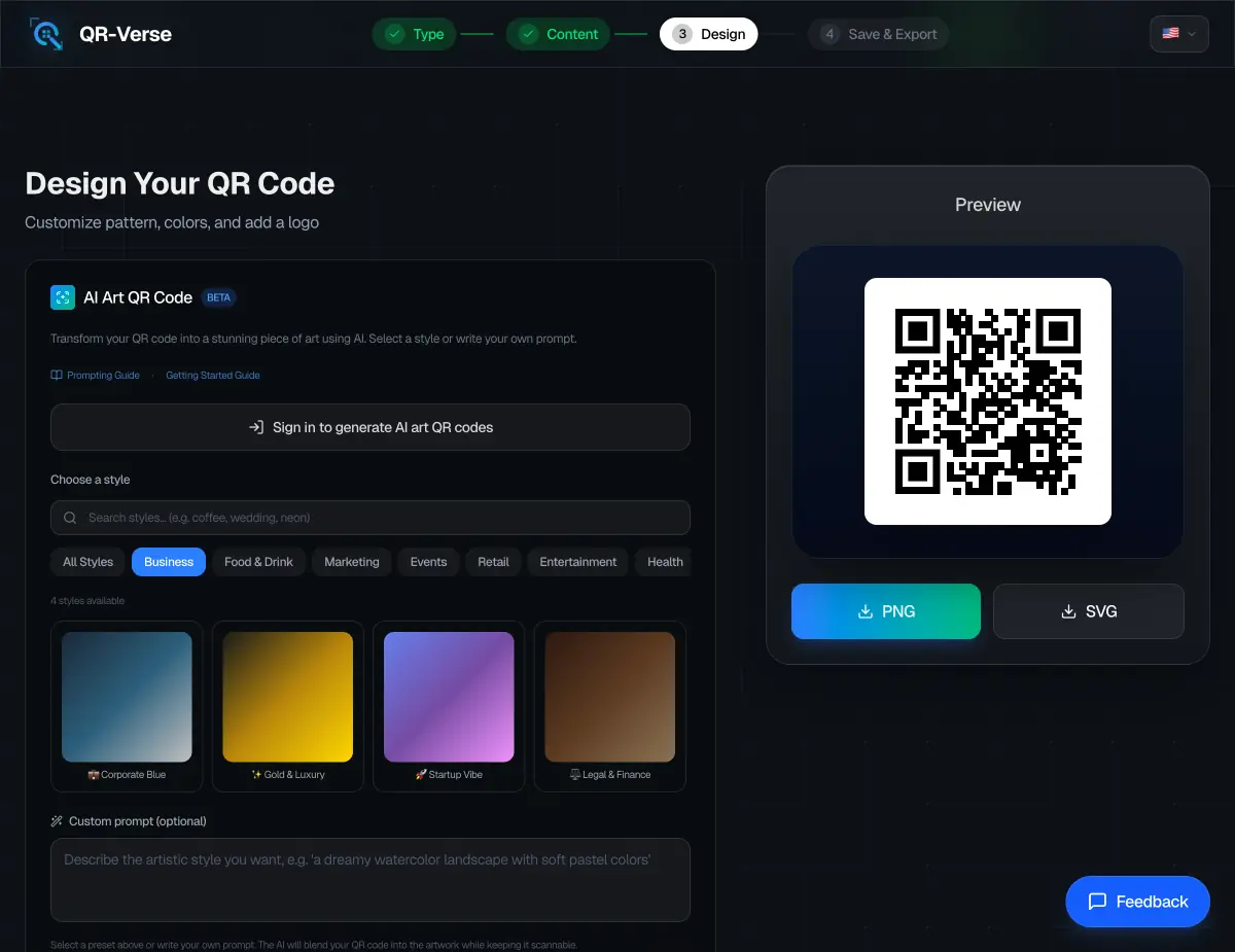 QR-Verse AI Art Generator interface — the AI Art panel in the Customize step